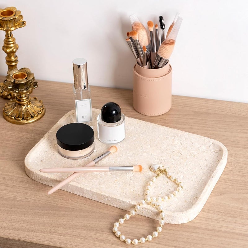 karibiber Natural Marble Vanity Tray, 11.8" Marble/Stone Bathroom Tray Countertop, Beige Tray for Decor, Perfume Jewelry Holder, Storage/Organizer for Kitchen Sink - Image 4